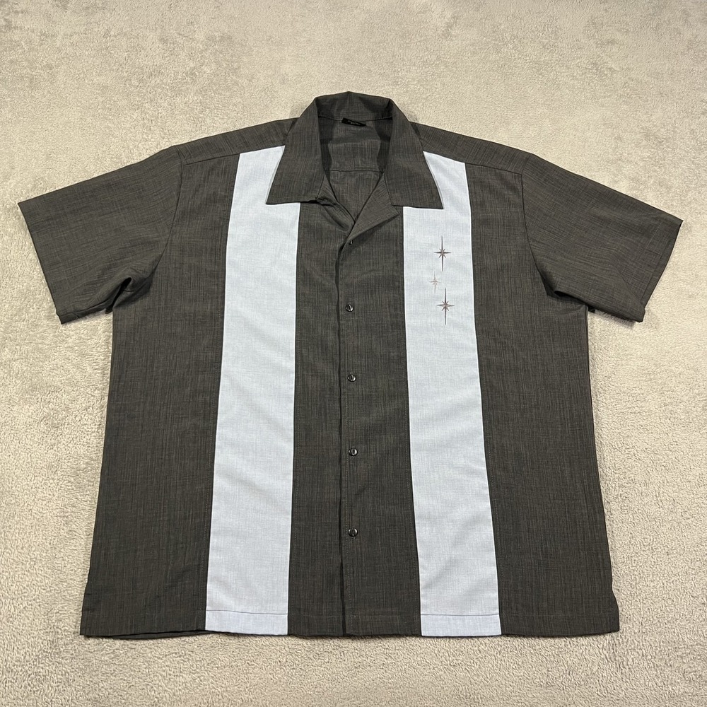 Steady Bowling Shirt Mens 3XL Retro Rockabilly Button Up Charcoal Gray Blue